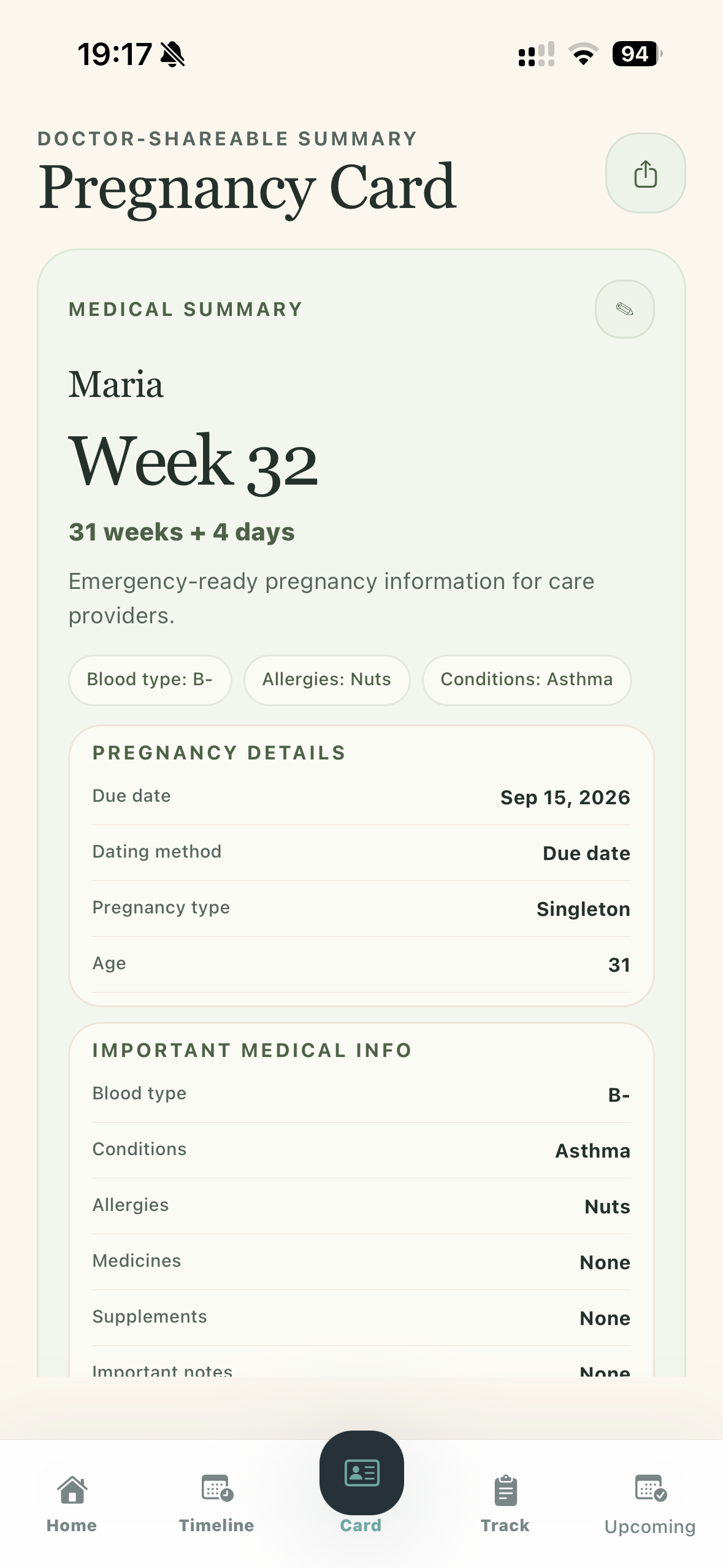 MyPreg pregnancy card screen