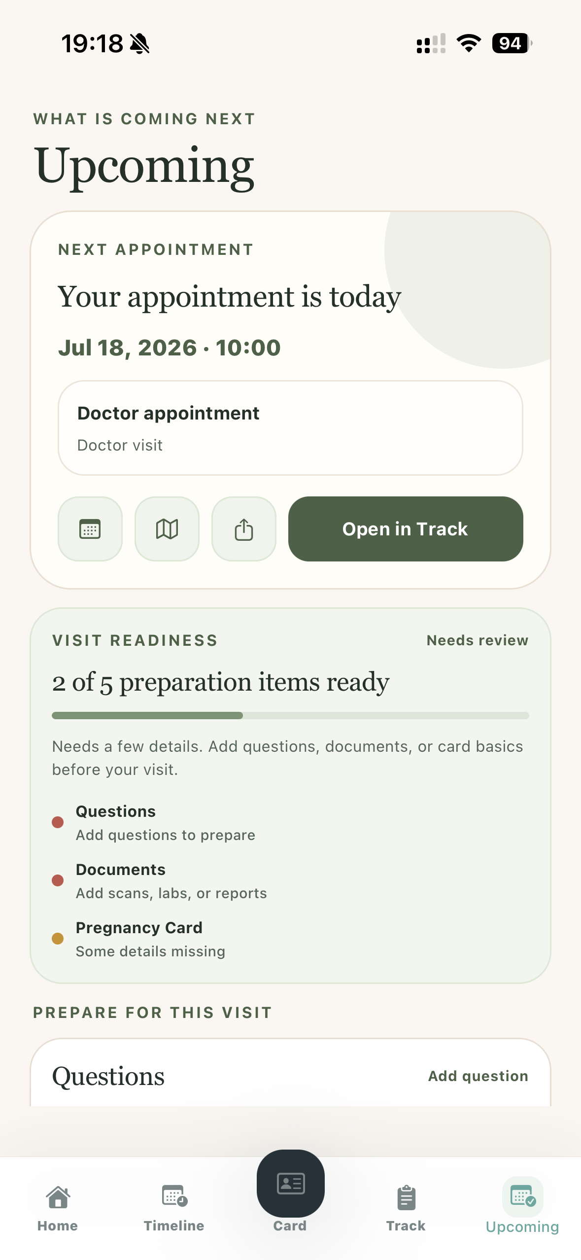 MyPreg upcoming appointments screen